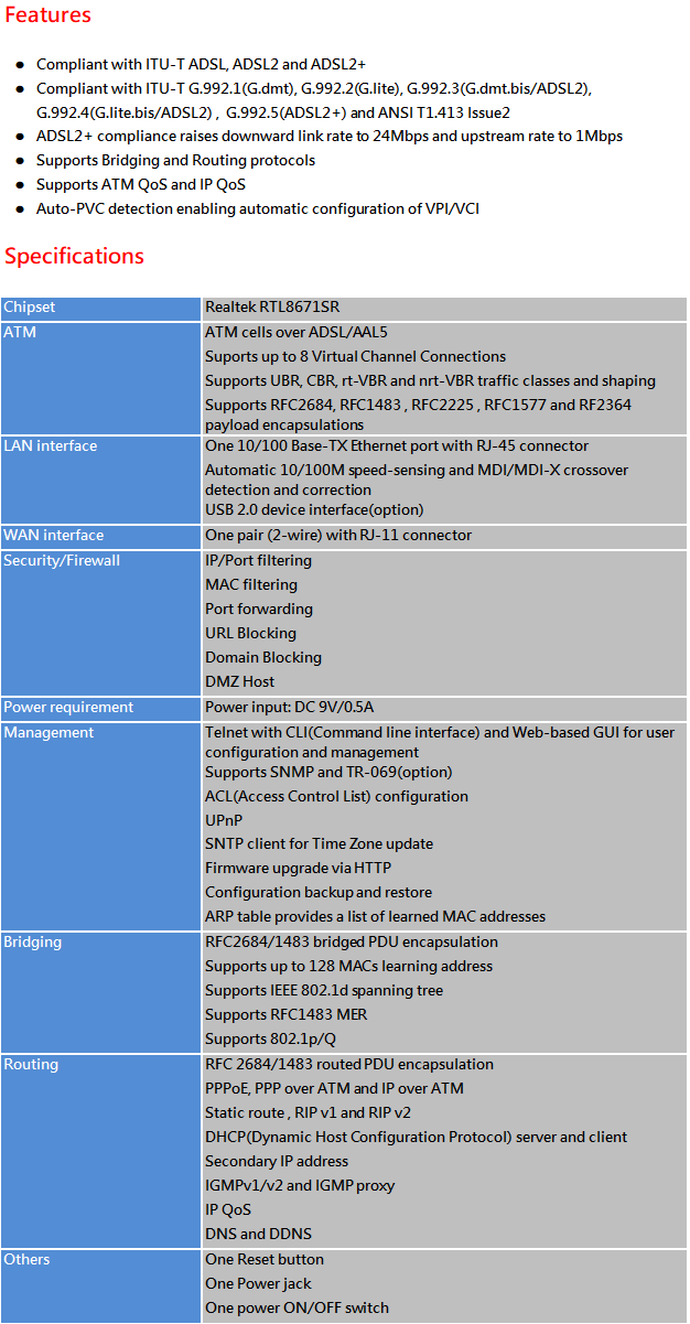 LP-8011S ADSL2/2+1 Port Modem Router